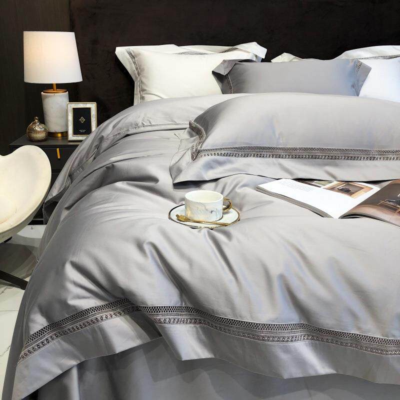 高端极简纯色长绒棉四件套镂空花边被套枕套纯棉床单四季床上用品