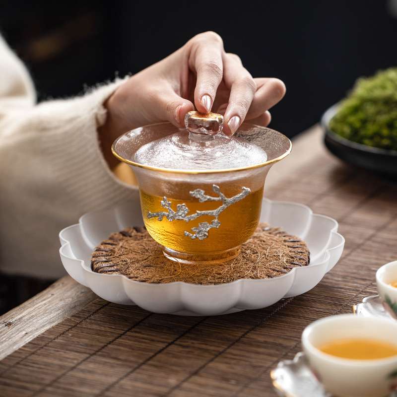 玻璃莲花壶承透明花型干泡盘百搭盖碗茶壶托盘现代简约果盘茶点盘