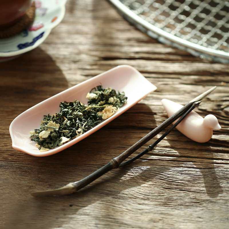 粉色羊脂玉茶则陶瓷散茶克称茶荷手造赏茶荷小测量茶具茶道配件