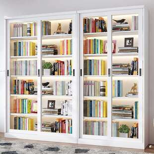 家用钢制书架推拉门防尘玻璃书柜密码锁展示柜落地收纳置物储物柜