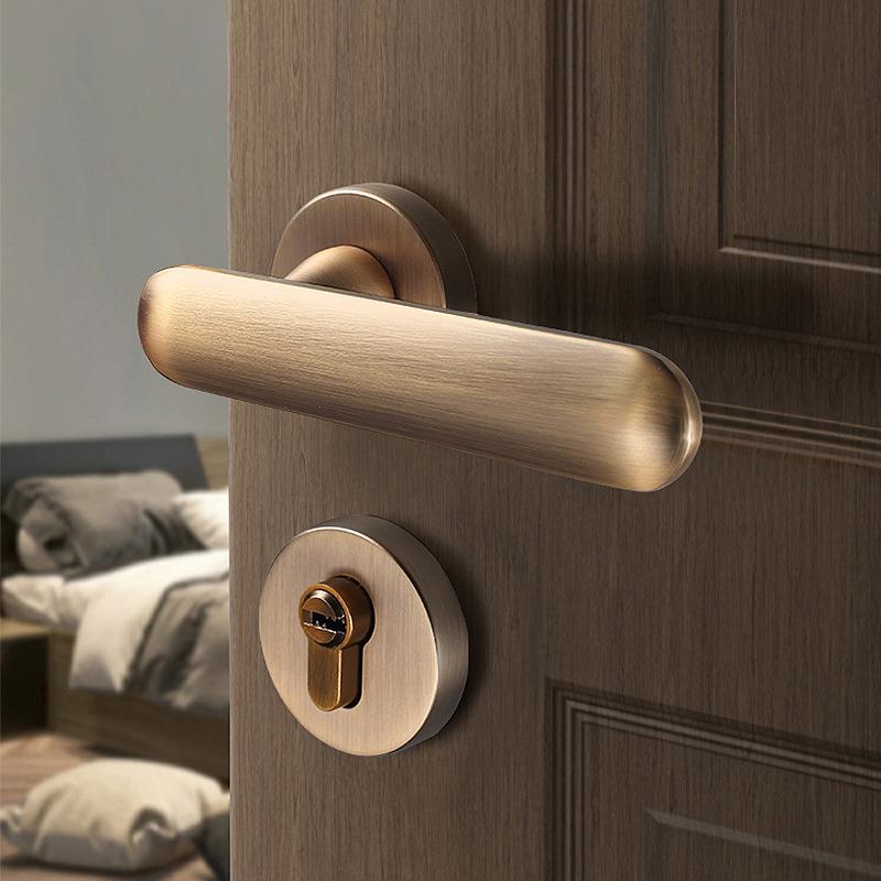 黄古铜门锁新中式室内卧室房间木门把手锁具家用通用型分体轻奢圆