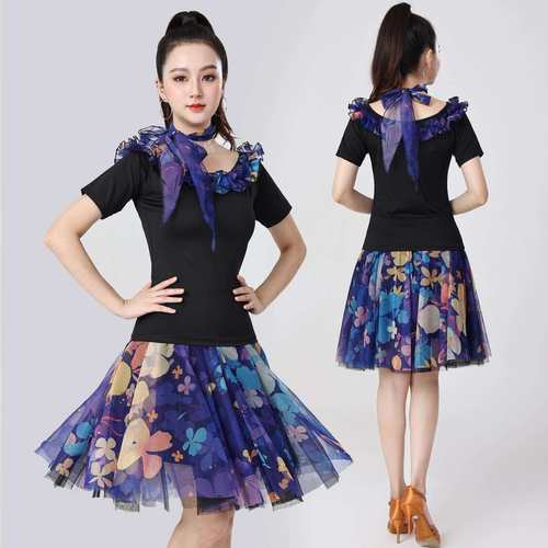 新款拉丁舞服装成人女三步踩恰恰摩登舞交谊舞印花大摆裙跳舞衣夏