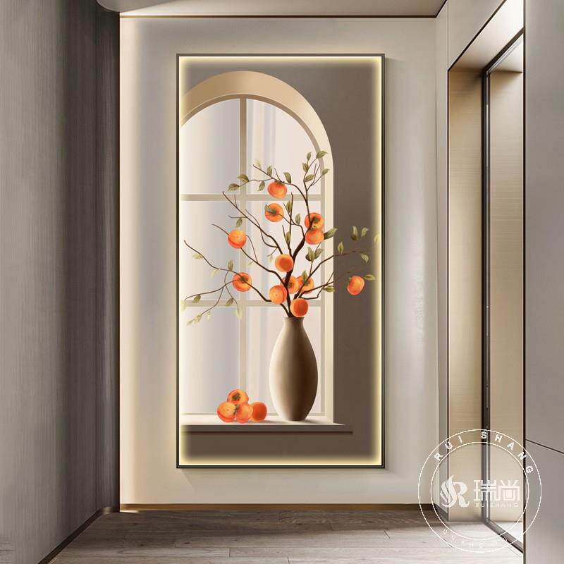 入户玄关装饰画带灯LED发光画轻奢现代简约风正对门客厅竖版壁画