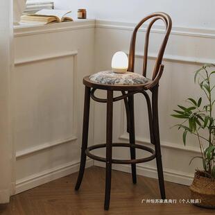 法式复古吧台椅实木高脚椅北欧岛台椅高脚凳靠背椅子家用设计师椅