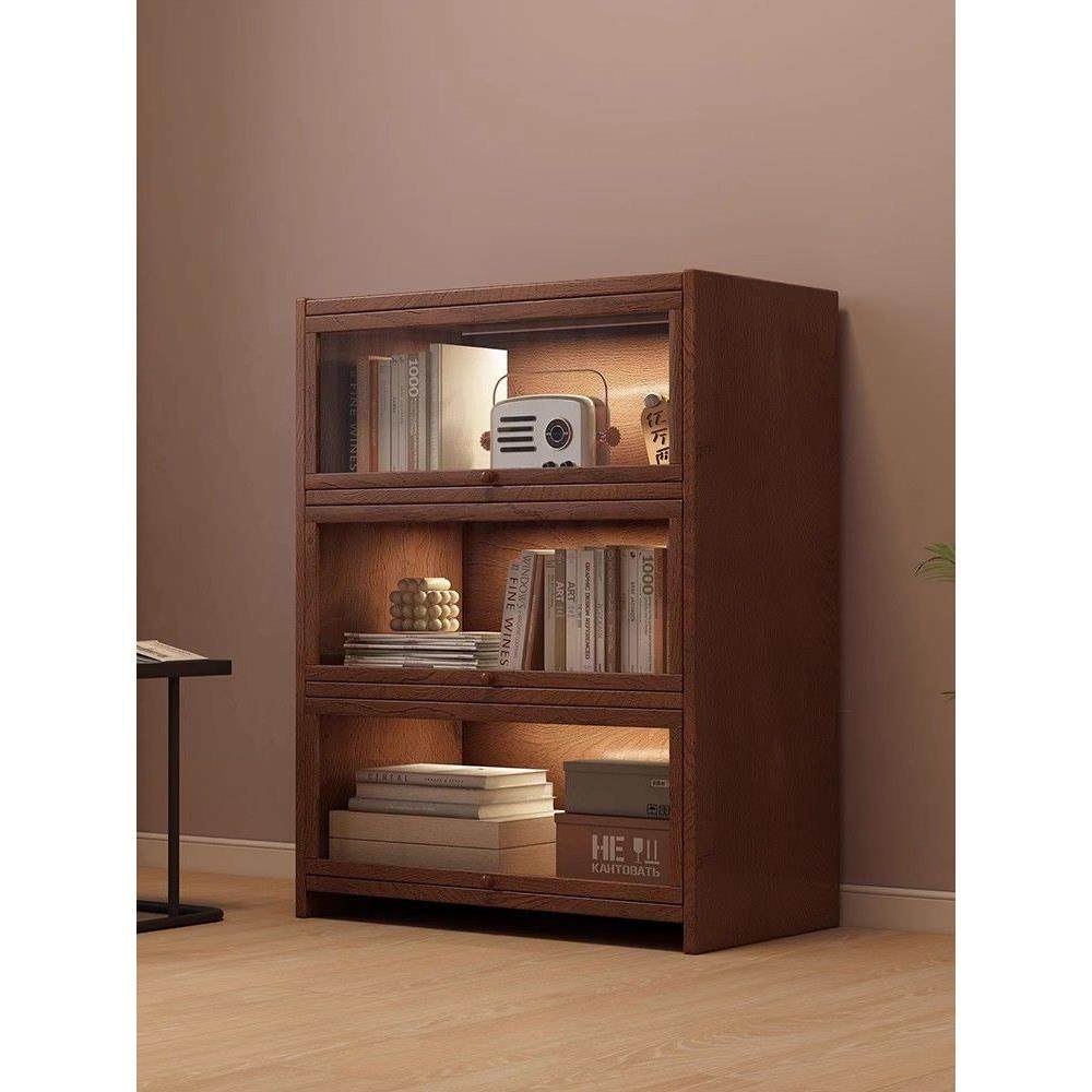 复古美式落地书柜实木小柜子储物柜客厅收纳展示柜一体防尘置物架