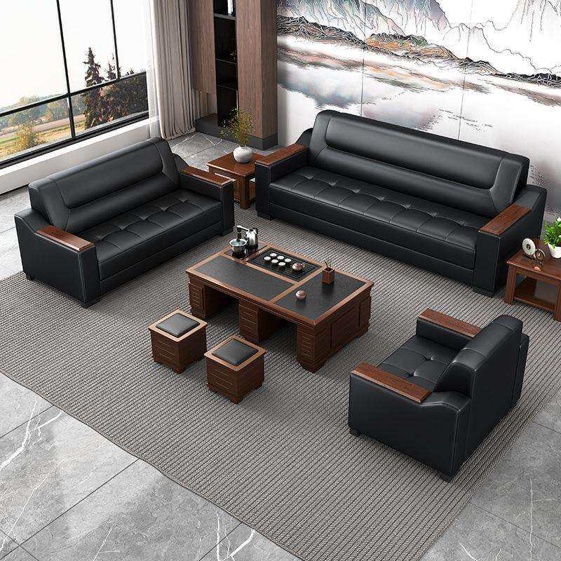 真皮办公室沙发简约现代商务会客接待休闲三人位茶几组合套装皮艺