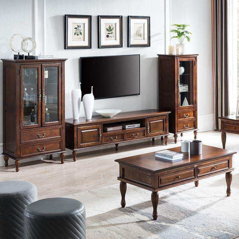 聚优美式茶几实木客厅茶桌家用复古长方形茶台欧式储物收纳抽屉