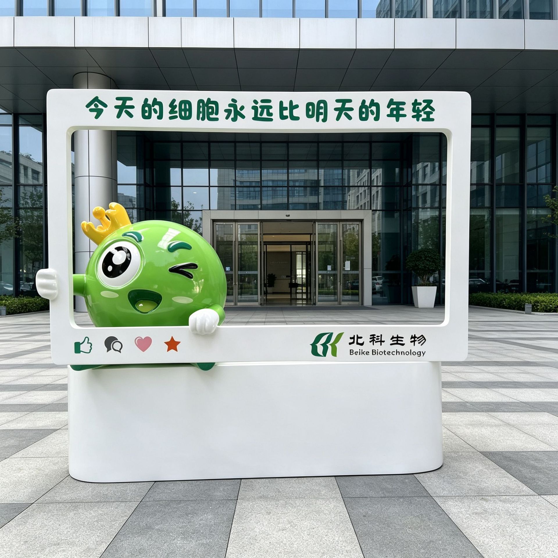 企业IP形象打卡相框雕塑蓝色圆球玻璃钢材质商场景区互动拍照装置