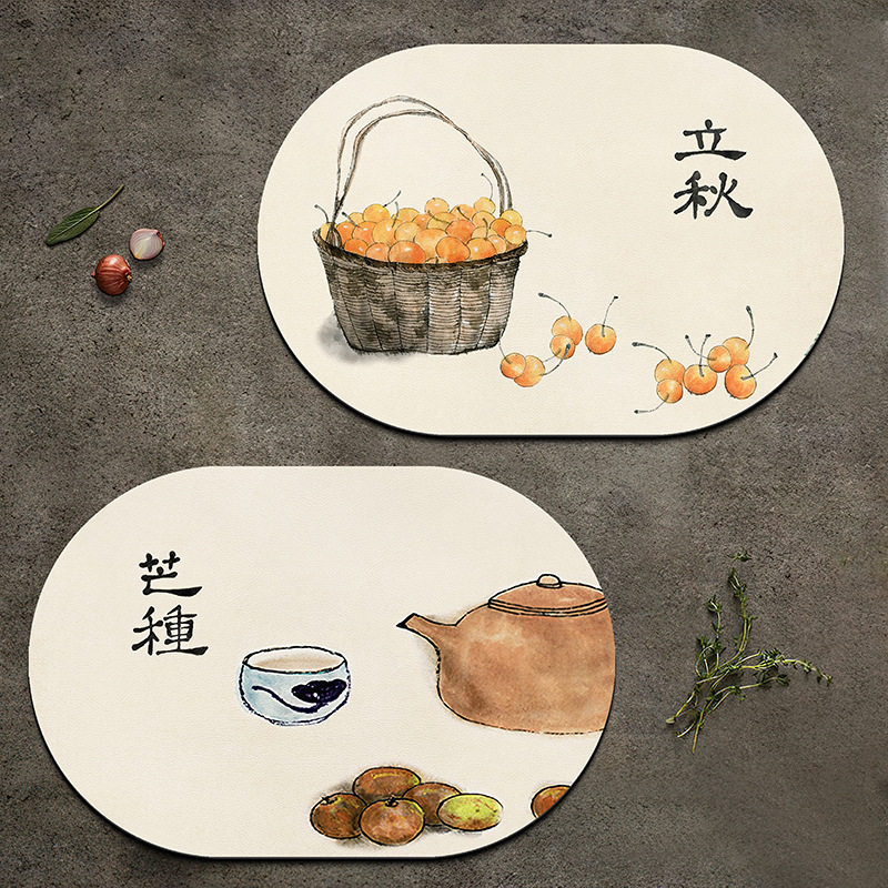 新中式24节气椭圆形皮革学生餐垫防水防油隔热餐具碗垫pvc茶几C&