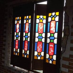 岭南复古中式满洲窗教堂压花玻璃屏风隔段隔断花窗实木