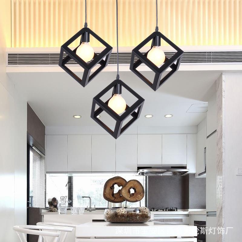 复古美式乡村方形餐吊灯四方创意吧台客厅灯具工业风loft铁艺吊灯