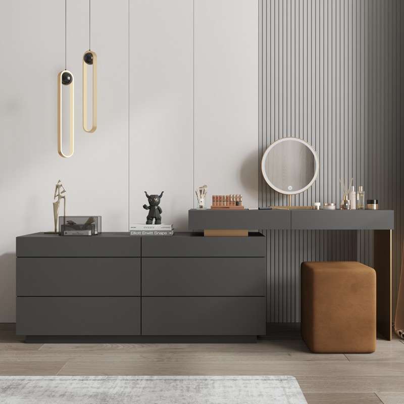 灰色钢琴烤漆梳妆台网红卧室书桌斗柜一体柜现代简约化妆台桌包邮
