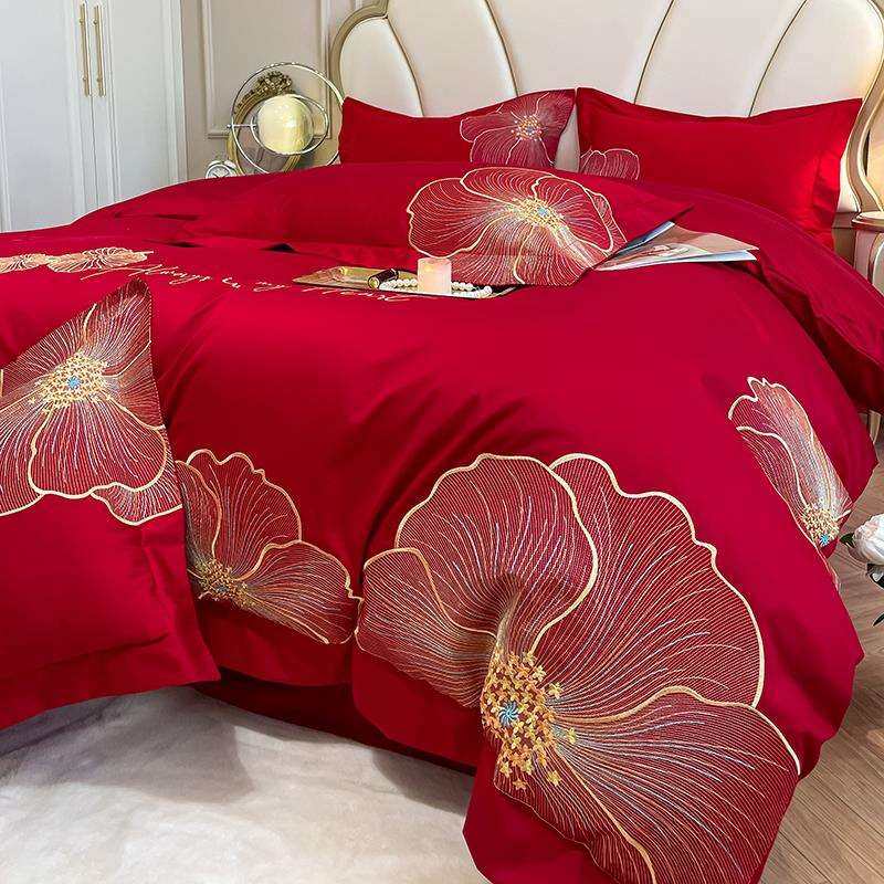 公主风红色140支全棉四件套床单高端刺绣被套纯棉结婚庆床上用品