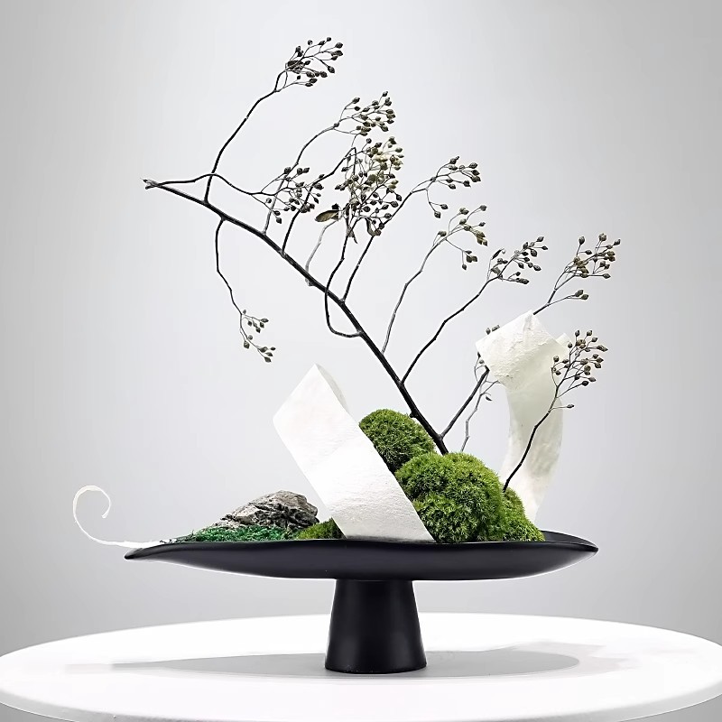 新中式黑色苔藓仿真花艺果盘摆件