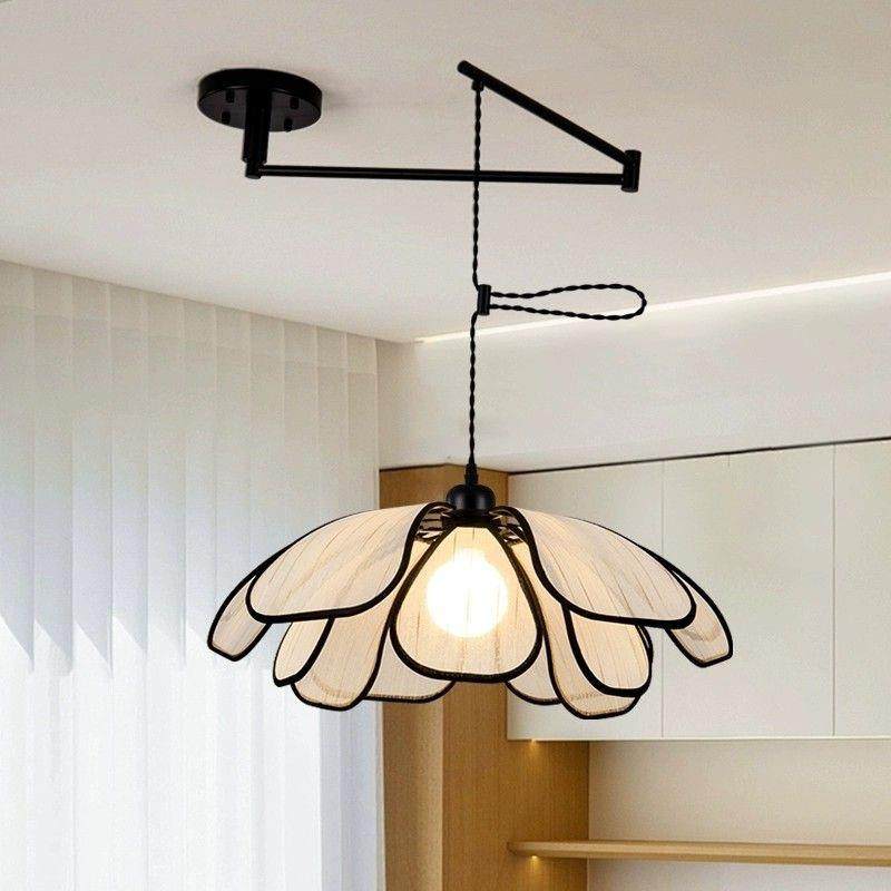 法式中古摇臂餐厅花瓣吊灯日式布艺可移位饭桌吊灯复古吧台岛台灯