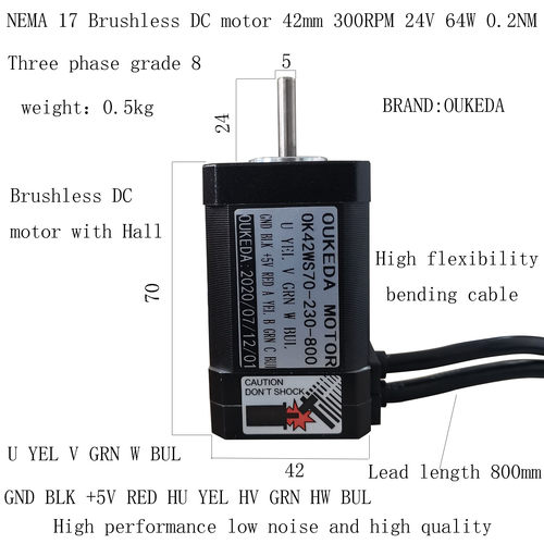OK42WS70-230-800 24V 3000RPM 0.2NM NEMA17 Brushless DC motor