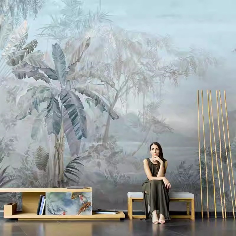 东南亚热带雨林芭蕉叶电视背景墙壁纸客厅沙L发墙布酒店床头壁画