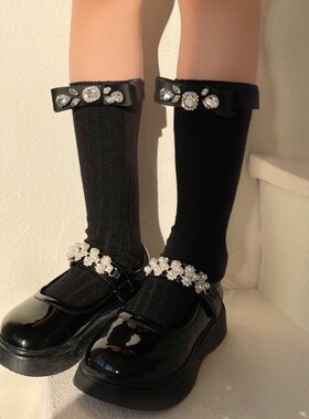 春夏黑色JK甜酷女童复古学院风小腿袜蝴蝶结水晶钻中筒袜白色袜子