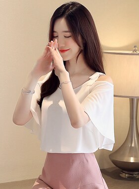 网红白色短袖雪纺衬衫女2024夏季心机性感露肩锁骨一字肩吊带上衣