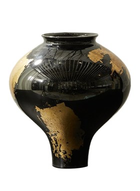 邸高家居 新中式酒店大堂玄关桌面艺术花瓶插花摆件 贴金小足花器