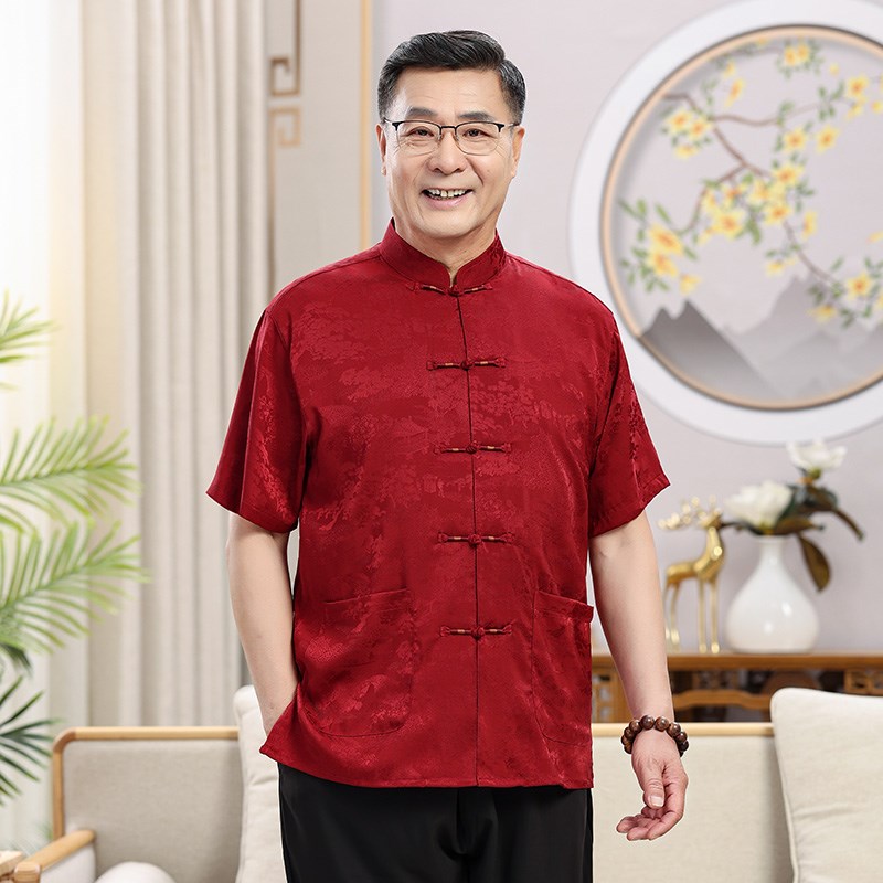 中老年唐装爸爸夏季中式套装男士短袖国风衬衫爷爷衣服中山装新款