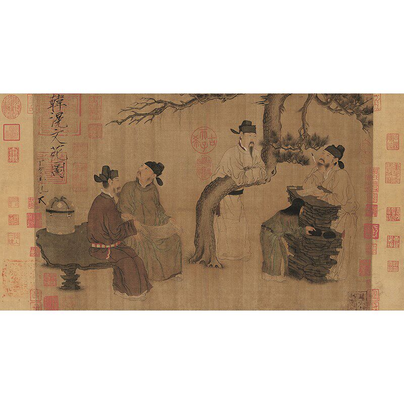 五代 周文矩 琉璃堂人物图 古代人物国画 文苑图 高清艺术微喷画