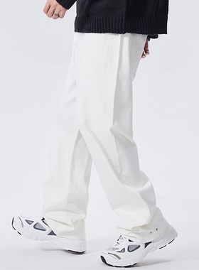【鹿森】白色牛仔裤男春秋新款美式街头黑色宽松休闲阔腿裤男女款