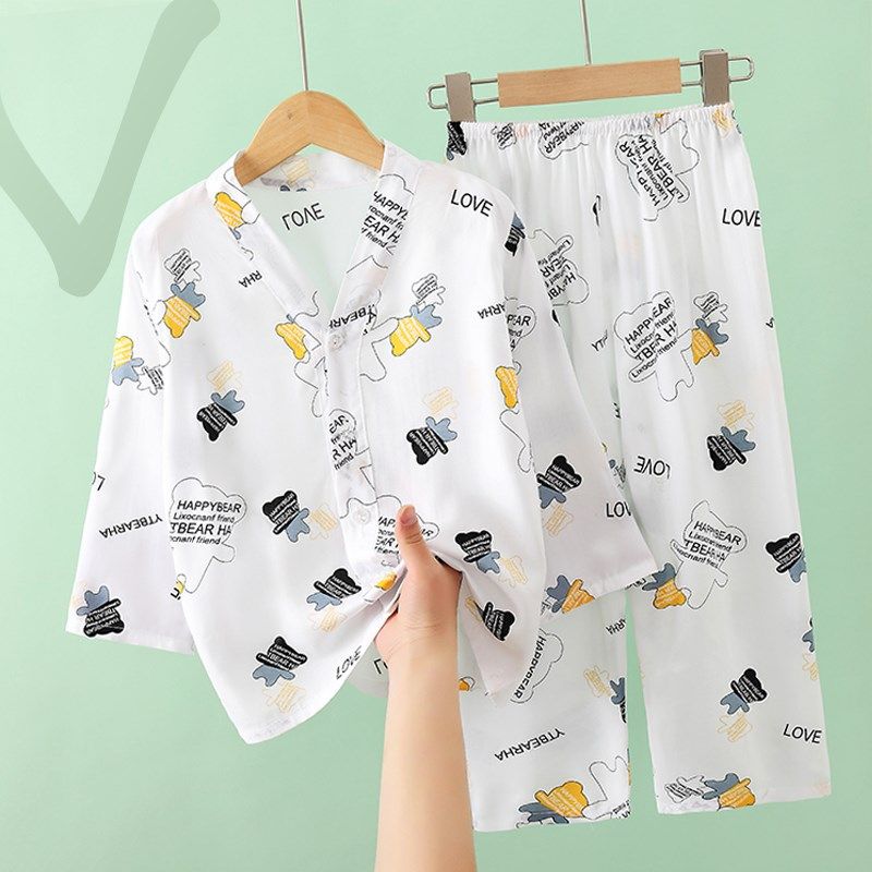 夏季薄款儿童睡衣棉绸套装男童女童空调服长袖开衫V领绵绸家居服,童装/婴儿装/亲子装,家居服套装,淘宝优惠券,粉丝福利购,淘宝优惠卷