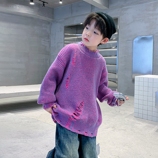 男童秋冬装紫色半高领破洞加厚毛衣2023新款儿童男孩冬季针织衫潮