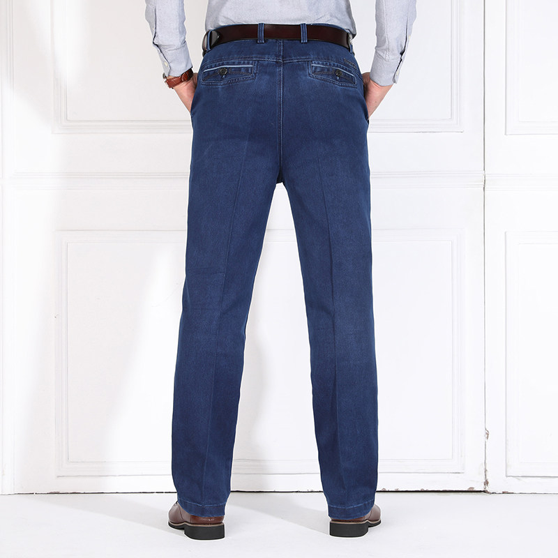 中老年人牛仔裤男弹力高腰宽松直筒中年男士秋冬厚款爸爸男装裤子