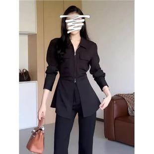 襯衫 收腰褶皺拉鏈領長袖 胖韓版 顯瘦上衣 秋季 修身 女新款 正貨大碼