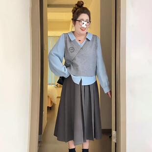假兩件Polo領(lǐng)長袖 正貨大碼 女裝 法式 秋秋胖mm顯瘦減齡拼接 馬甲襯衫