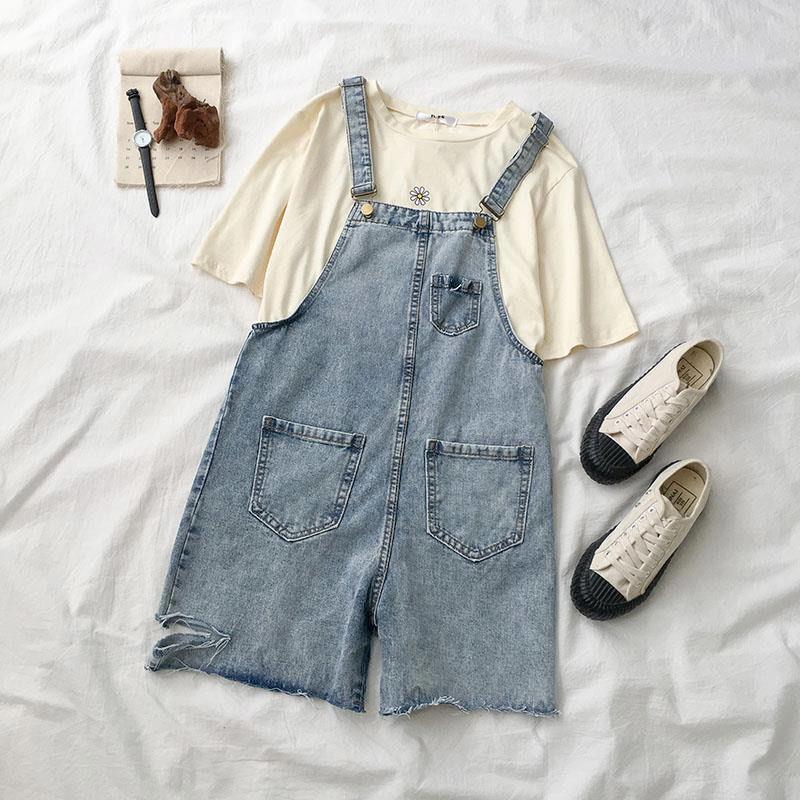 高货速发韩版复古牛仔裤阔腿短裤热裤宽松破洞连体吊带背带裤女装