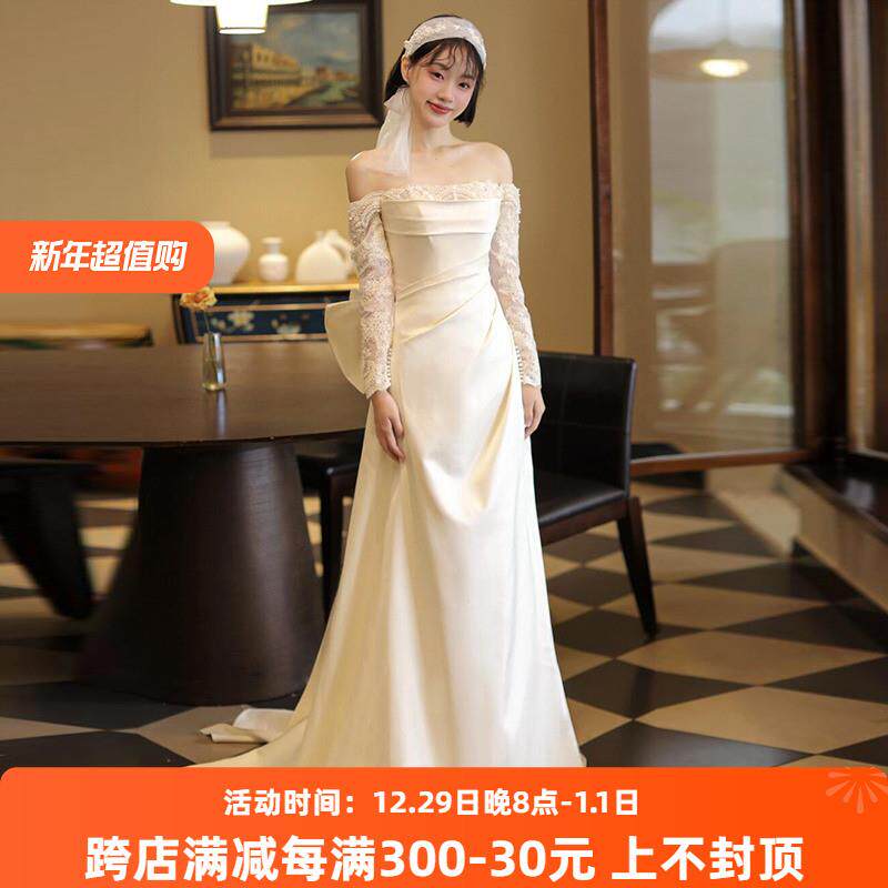 正品一字肩蕾丝轻婚纱法式新娘超仙订婚礼服裙长袖复古鱼尾森系出