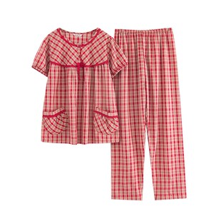 麦可将2025夏季新款女人短袖长裤梭织全棉布格子宽松大码睡衣9175