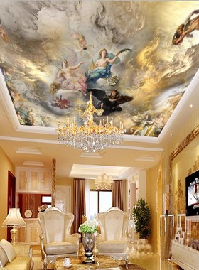 8d欧式吊顶奢华壁布酒店会所壁画大堂天花板墙纸天顶油画人物墙布
