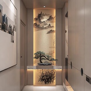 新中式 饰山水画墙纸入户正对门壁画玄关墙布电视背景墙壁纸 玄关装