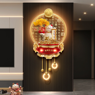 轻奢招财猫电视背景墙格栅装饰挂件发财树聚宝盆客厅玄关带灯壁画