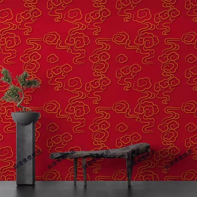 金色祥云红底墙布中式立体背景壁画酒店大堂壁纸神台佛堂寺庙墙布,家装主材,定制壁画,淘宝优惠券,粉丝福利购,淘宝优惠卷