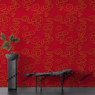 金色祥云红底墙布中式 立体背景壁画酒店大堂壁纸神台佛堂寺庙墙布