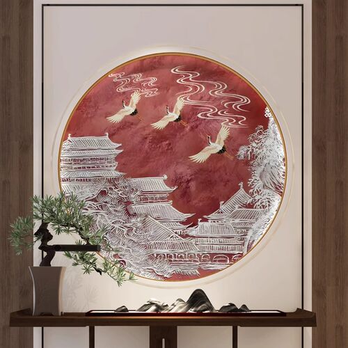 新中式圆形玄关装饰背景墙纸壁布