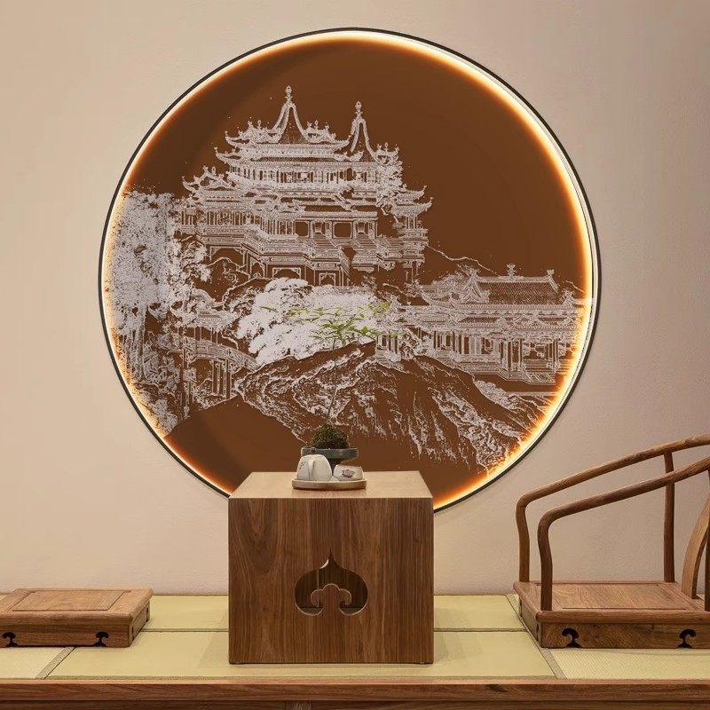 新中式入户门玄关装饰画过道走廊墙画圆形风景画轻奢壁画壁纸墙纸,家装主材,定制壁画,淘宝优惠券,粉丝福利购,淘宝优惠卷