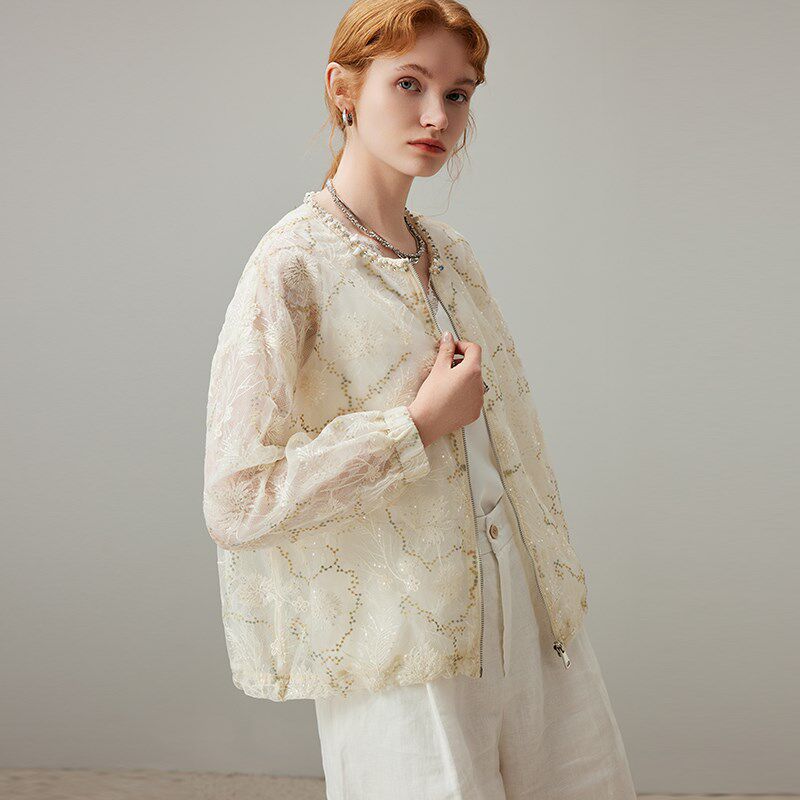 dfvc洋气重工蕾丝绣花短款外套女2025年夏季新款宽松薄款防晒上衣