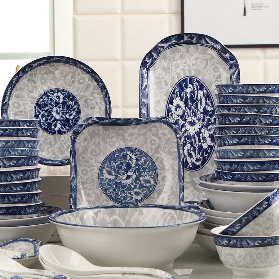 碗碟套装家用78件青花瓷碗鱼碟子组合餐具中式碗盘10人用创意碗L^