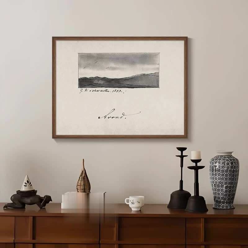 《远山》法式复古黑白风景餐厅装饰画中古风素描艺术客厅玄关挂画