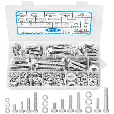 跨境 252pcs 英美制304不锈钢高强度外六角螺丝螺栓螺母垫片盒装