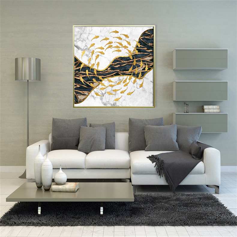 现代美式双联客厅沙发背景画简约餐厅装饰画玄关卧室挂画鱼游大海图片