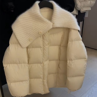 韩系高级感针织领拼接羽绒棉服女2025新款设计感短款小众保暖外套