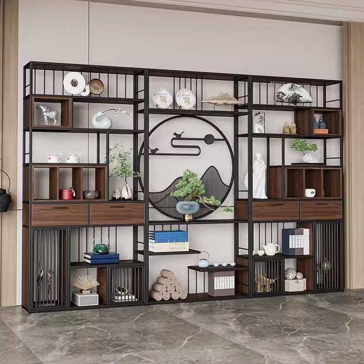 新中式铁艺博古架落地书架展示柜办公室隔段置物架餐厅茶室展示架