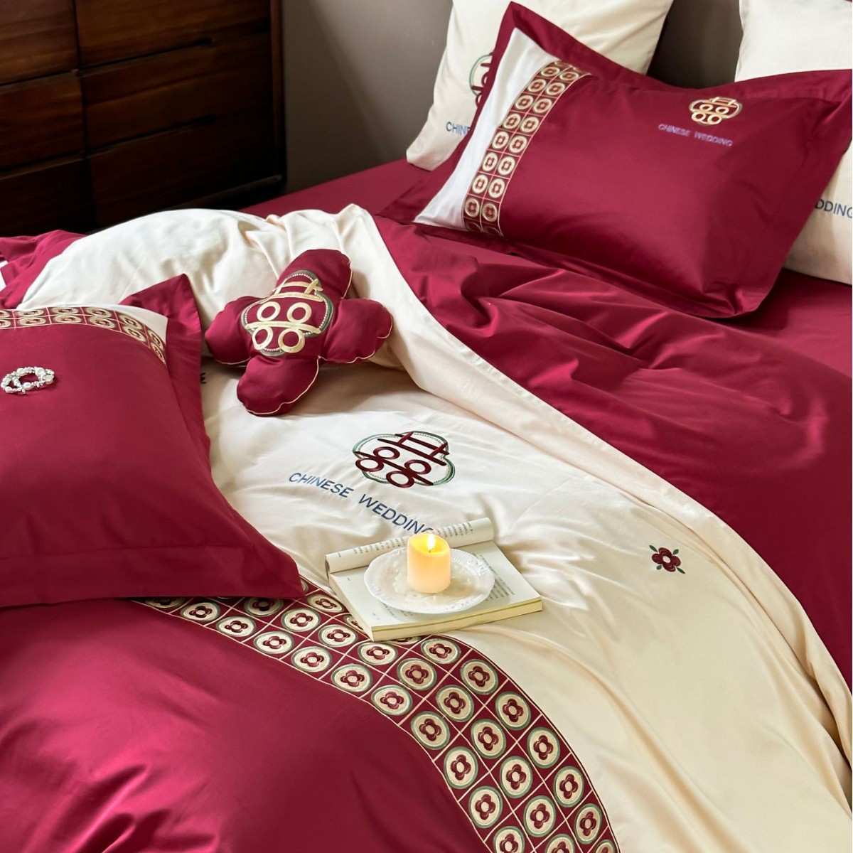 100支长绒棉全棉婚庆四件套大红色刺绣被套结婚喜事床上用品